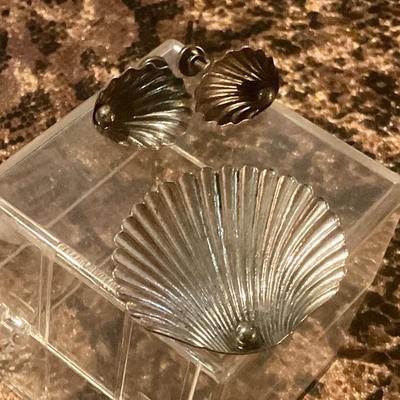 Sterling screw on earrings and broach, shell with oyster motif