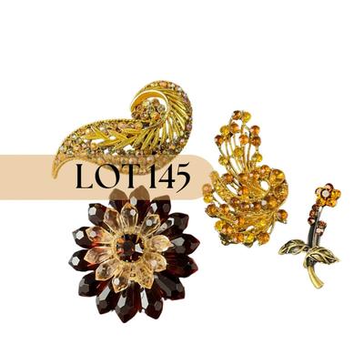 -145- BROOCH | Amber & Gold Tone Pins