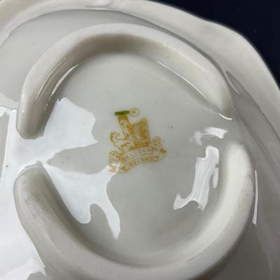 -150- BELLEEK | Ireland “Woman Playing Harp” Shamrock Butter Dish | 7th Mark