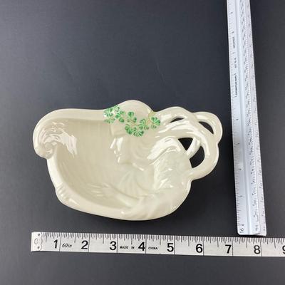-150- BELLEEK | Ireland “Woman Playing Harp” Shamrock Butter Dish | 7th Mark
