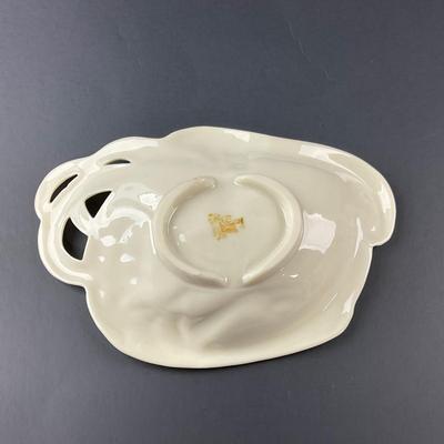 -150- BELLEEK | Ireland “Woman Playing Harp” Shamrock Butter Dish | 7th Mark