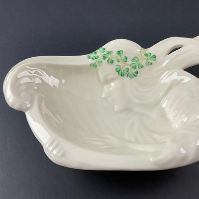 -150- BELLEEK | Ireland “Woman Playing Harp” Shamrock Butter Dish | 7th Mark
