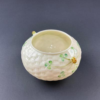 -152- BELLEEK | Shamrock Basketweave Creamer & Sugar Bowl | 6th Mark