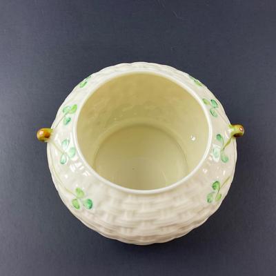 -152- BELLEEK | Shamrock Basketweave Creamer & Sugar Bowl | 6th Mark