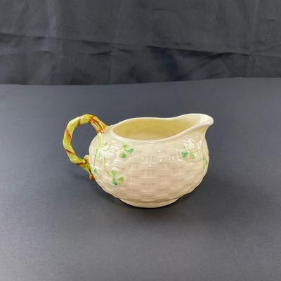 -152- BELLEEK | Shamrock Basketweave Creamer & Sugar Bowl | 6th Mark