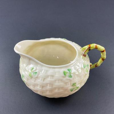 -152- BELLEEK | Shamrock Basketweave Creamer & Sugar Bowl | 6th Mark