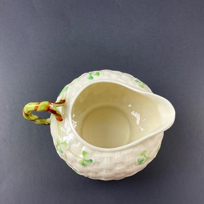 -152- BELLEEK | Shamrock Basketweave Creamer & Sugar Bowl | 6th Mark