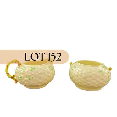 -152- BELLEEK | Shamrock Basketweave Creamer & Sugar Bowl | 6th Mark