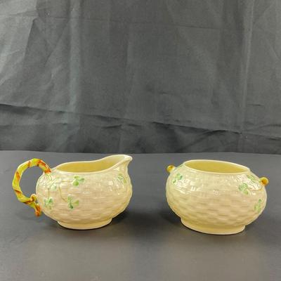 -152- BELLEEK | Shamrock Basketweave Creamer & Sugar Bowl | 6th Mark