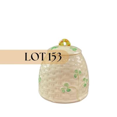 -153- BELLEEK | Shamrock Basketweave Covered Honey Behive Jar | 6th Mark