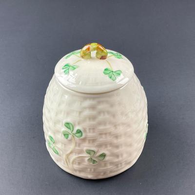 -153- BELLEEK | Shamrock Basketweave Covered Honey Behive Jar | 6th Mark