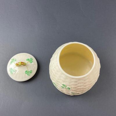 -153- BELLEEK | Shamrock Basketweave Covered Honey Behive Jar | 6th Mark