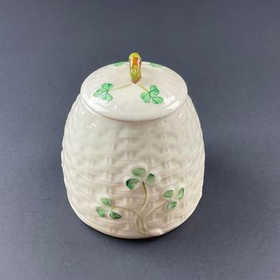 -153- BELLEEK | Shamrock Basketweave Covered Honey Behive Jar | 6th Mark
