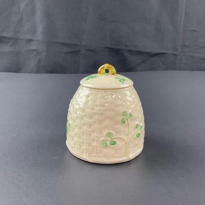 -153- BELLEEK | Shamrock Basketweave Covered Honey Behive Jar | 6th Mark