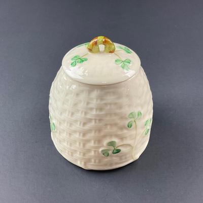 -153- BELLEEK | Shamrock Basketweave Covered Honey Behive Jar | 6th Mark