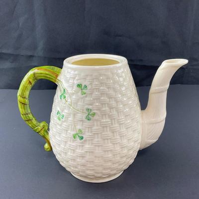 -155- BELLEEK | Shamrock Basketweave Coffee/Teapot | 6th Mark