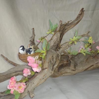 Nesting Birds on Driftwood with Faux Flower Home Decor