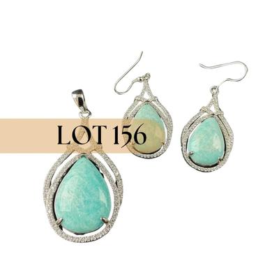 -156- FINE JEWELRY | Sterling Silver & Amazonite Stone Pendant & Earrings | Marked