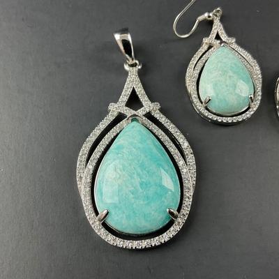 -156- FINE JEWELRY | Sterling Silver & Amazonite Stone Pendant & Earrings | Marked