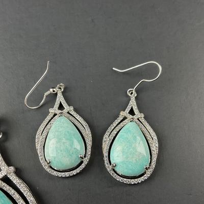 -156- FINE JEWELRY | Sterling Silver & Amazonite Stone Pendant & Earrings | Marked
