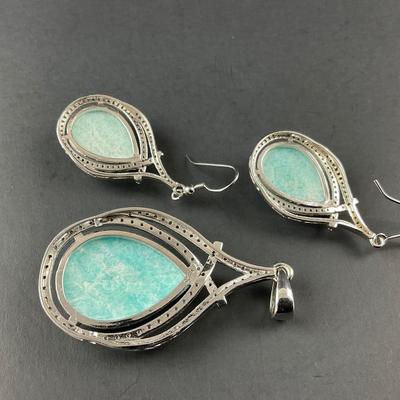 -156- FINE JEWELRY | Sterling Silver & Amazonite Stone Pendant & Earrings | Marked