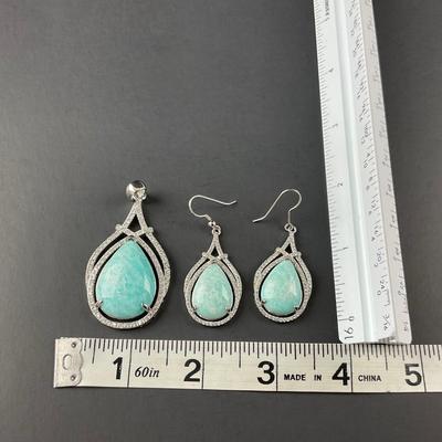 -156- FINE JEWELRY | Sterling Silver & Amazonite Stone Pendant & Earrings | Marked