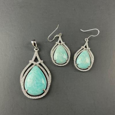 -156- FINE JEWELRY | Sterling Silver & Amazonite Stone Pendant & Earrings | Marked