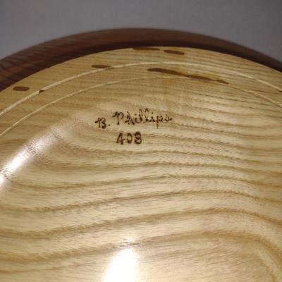 Large, Turned Wooden Footed Bowl by Bobby Phillips- Ash with Found Metal Band at Base (#65)