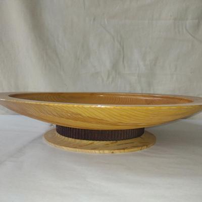 Large, Turned Wooden Footed Bowl by Bobby Phillips- Ash with Found Metal Band at Base (#65)