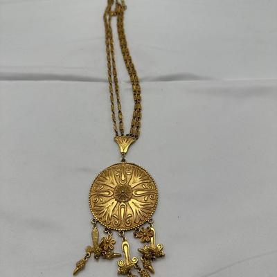 Vintage VENDOME Etruscan Revival White Wash Gold Tone Large Pendant Necklace