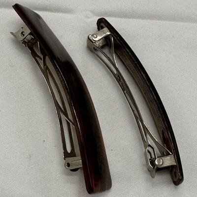 Hair Barrette Metal Clip Women Tortoise Brown Long Thin Rectangle Made in France