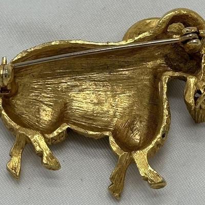 Rare Vintage Ram Brooch or Pin, Vintage Figural Sculptural Textured Jeweled Ram Brooch With Turquoise and Crystal Accents