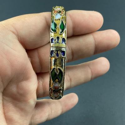-178- CLOISONNÉ | Blue & Gold Floral Motif Hinged Bangle