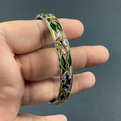 -178- CLOISONNÉ | Blue & Gold Floral Motif Hinged Bangle