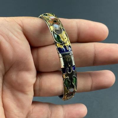 -178- CLOISONNÉ | Blue & Gold Floral Motif Hinged Bangle
