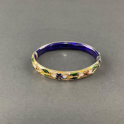 -178- CLOISONNÉ | Blue & Gold Floral Motif Hinged Bangle