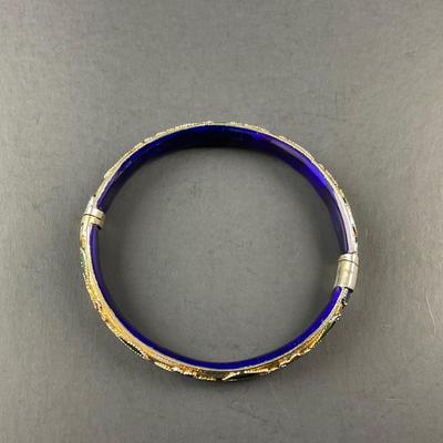 -178- CLOISONNÉ | Blue & Gold Floral Motif Hinged Bangle