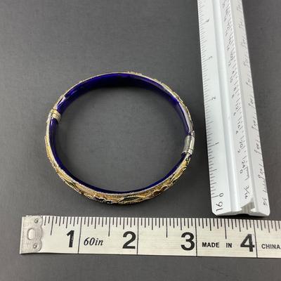 -178- CLOISONNÉ | Blue & Gold Floral Motif Hinged Bangle