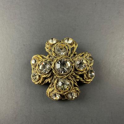 -187- HARGO NY | Maltese Cross Brooch Gold Tone & Rhinestone | Marked