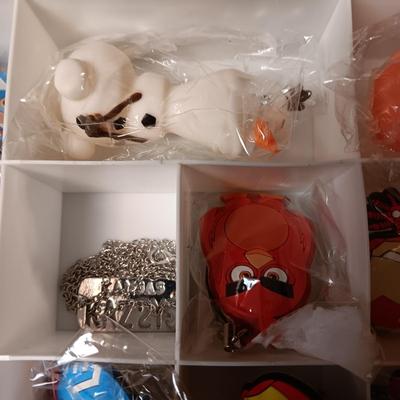 KEYCHAINS IN ORGANIZER BOX, HARMONICA AND STICKERS