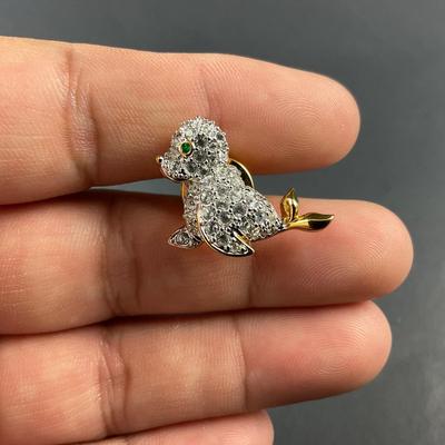 -190- SWAROVSKI | Pave Crystal Gold Tone Baby Seal Lapel Pin | Marked