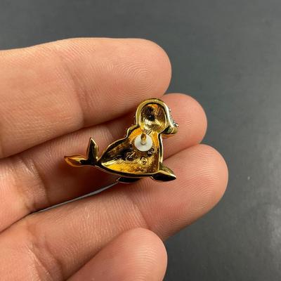 -190- SWAROVSKI | Pave Crystal Gold Tone Baby Seal Lapel Pin | Marked