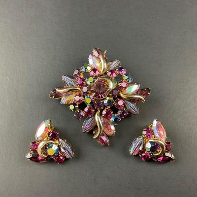 -191- DEMI KRAMER | Peacock Molded Glass Gold, Purple, Red, Rhinestone Pin & Earrings | Marked