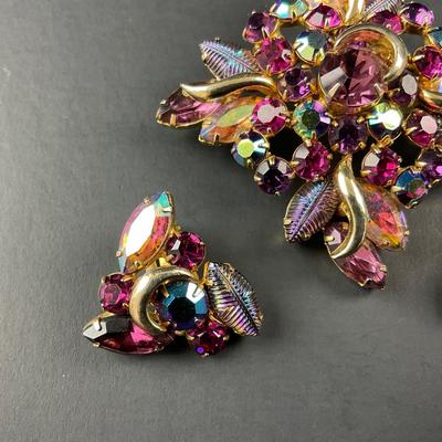 -191- DEMI KRAMER | Peacock Molded Glass Gold, Purple, Red, Rhinestone Pin & Earrings | Marked