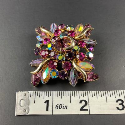 -191- DEMI KRAMER | Peacock Molded Glass Gold, Purple, Red, Rhinestone Pin & Earrings | Marked