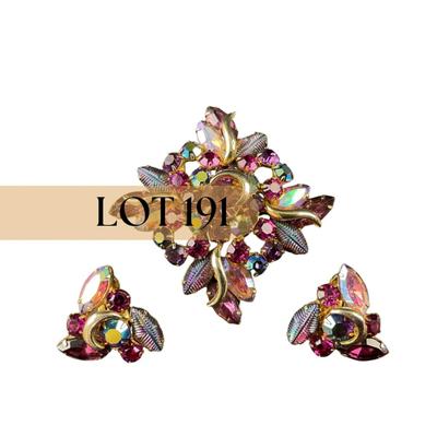 -191- DEMI KRAMER | Peacock Molded Glass Gold, Purple, Red, Rhinestone Pin & Earrings | Marked
