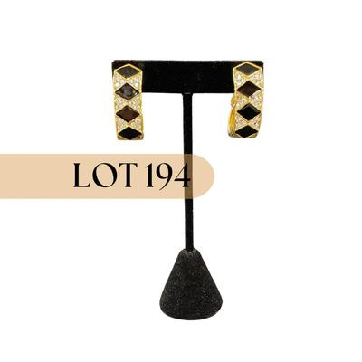 -194- ST. JOHN | Gold Tone “Diamond” Pattern & Black Enamel & Swarovski Crystals Earrings