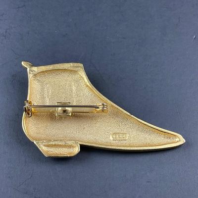 -196- JJ | Gold Tone Rhinestone Shoe Brooch | Marked