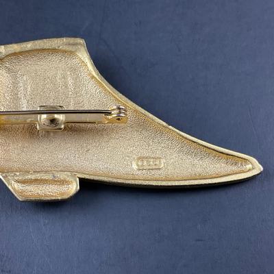 -196- JJ | Gold Tone Rhinestone Shoe Brooch | Marked