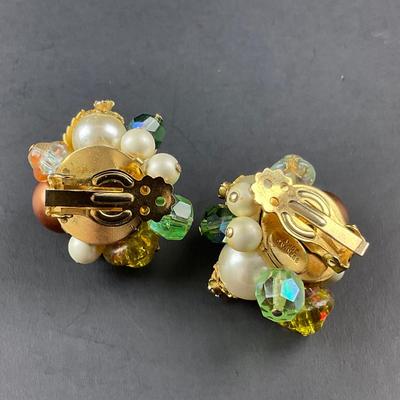 -197- ALICE CAVINESS | Clip Beaded & Rhinestone Earrings | Marked